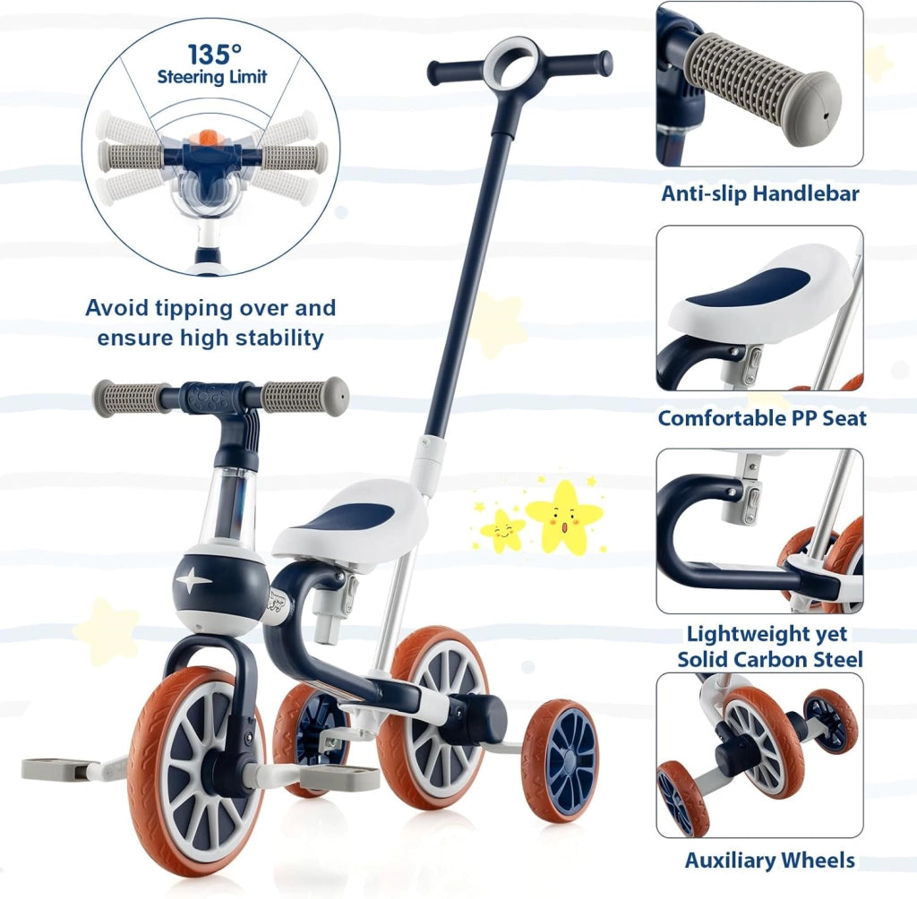 4 in 1 Triciclo Evolutivo per Bambini, Bicicletta Bambini con Manico a Spinta Regolabile in 4 Posizioni, Sellino in 2 Posizioni, Pedali Rimovibili, per Bambini e Bambine da 1 Anno + (Blu)