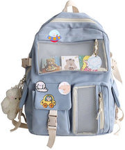 Zaino Kawaii con accessori a spilla con pin animale morbido e cartolina, zaino Kawaii, zaino scolastico (stile 1 - blu chiaro)