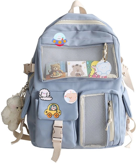 Zaino Kawaii con accessori a spilla con pin animale morbido e cartolina, zaino Kawaii, zaino scolastico (stile 1 - blu chiaro)