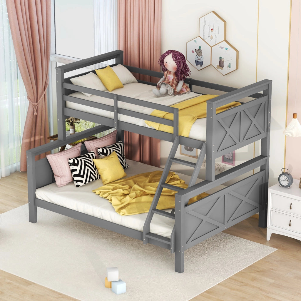 Letto a castello con scala e parapetto in pino grigio 90x200 cm