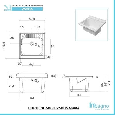 Vasca lavatoio 60x50 cm in resina bianca con pre fori per rubinetto