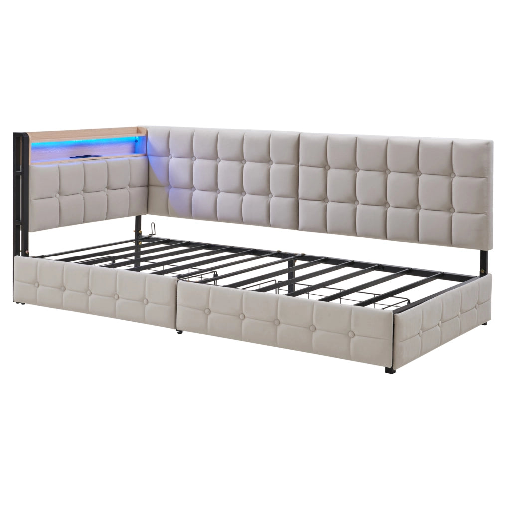 Divano letto imbottito ULEVR 90x200 cm con 2 cassetti, LED, USB e Type-C, beige