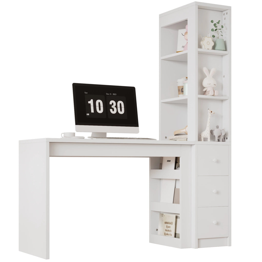 Scrivania con libreria 150x50x180 cm con 3 cassetti e vano laterale in MDF bianco