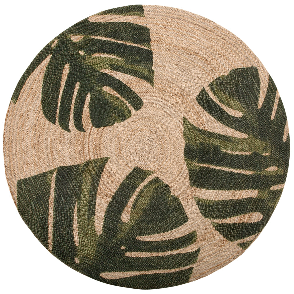 Tappeto in iuta con motivo floreale verde 140 cm Boho rustico intrecciato a foglie di Monstera con motivo stampato INCIK