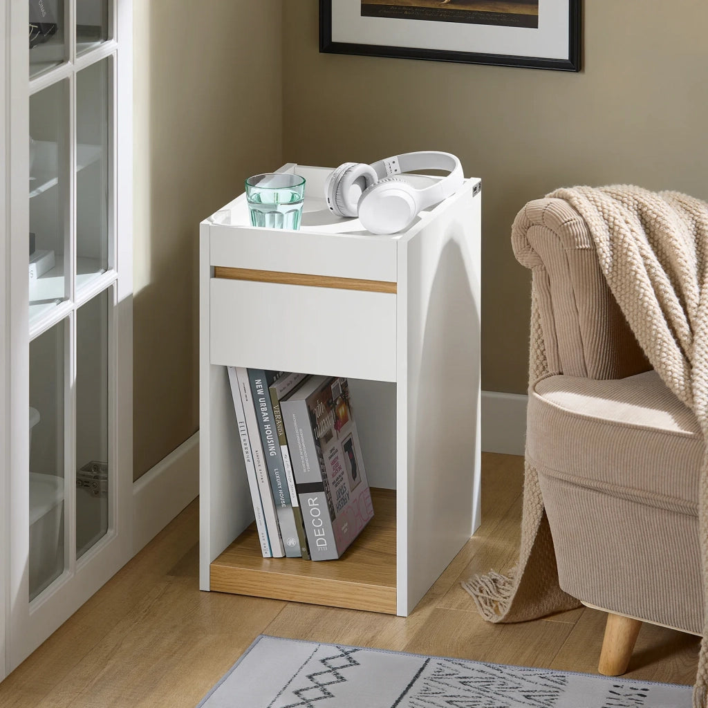 Tavolino laterale Comodino con cassetto Bianco-Naturale 30x35x55cm FBT137-W