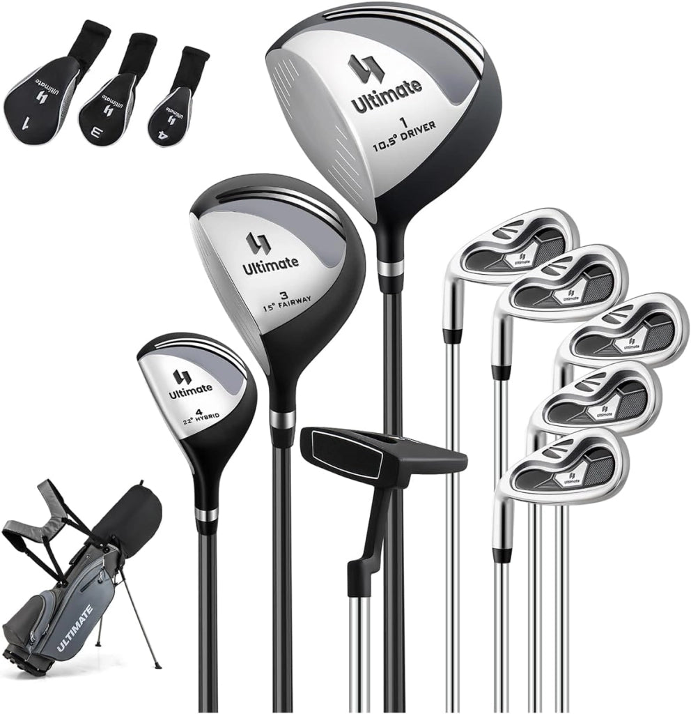 Set Completo di Mazze da Golf per Mancini da Uomo, Borsa Portatile con Supporto e Cappuccio Antipioggia, Include Driver 1 da 460CC, Fairway 3, Ibrido 4, Ferri 6, 7, 8, 9, P e Putter