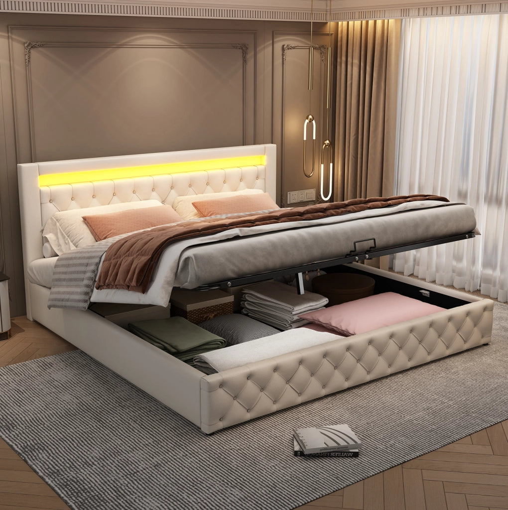Polsterbett 180x200 cm con contenitore; LED; rete a doghe; PU bianco
