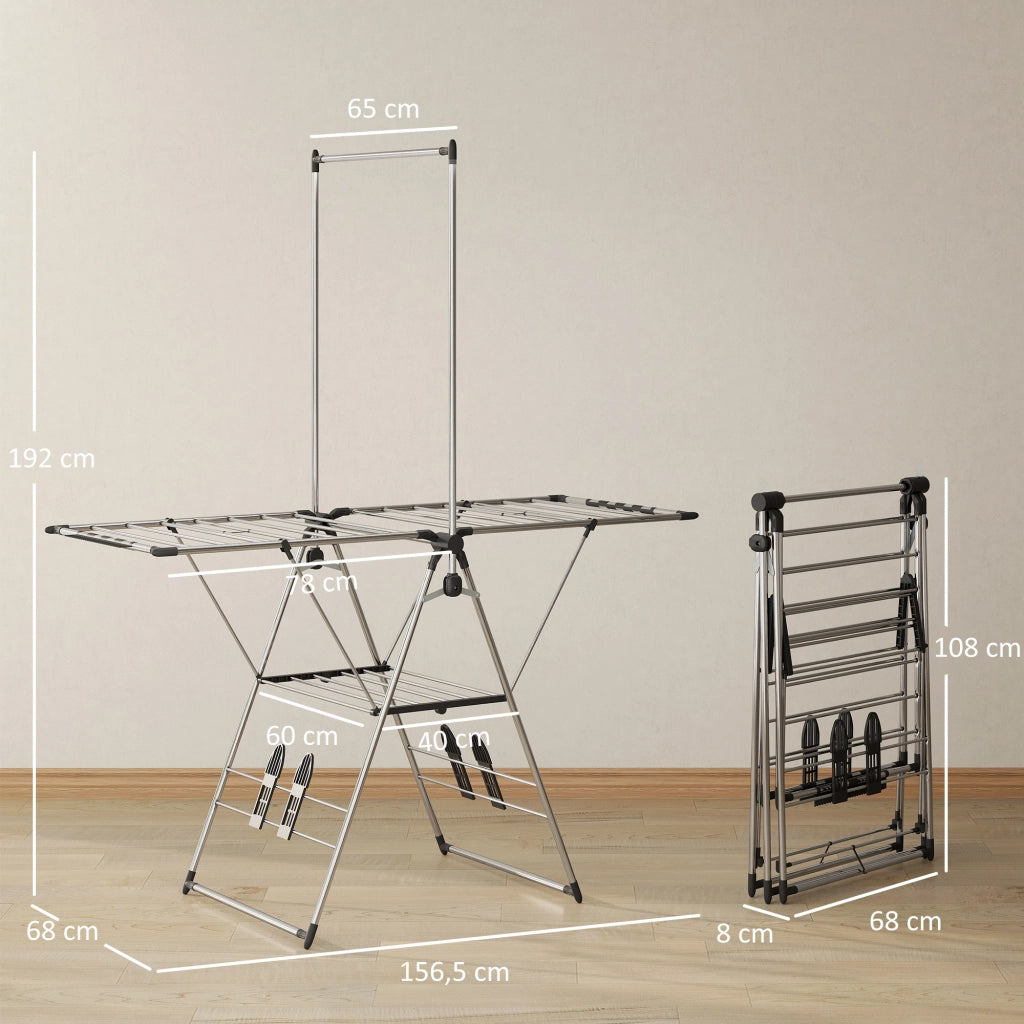 Stendibiancheria pieghevole con ali regolabili e porta scarpe ¨C zephmum ¨C acciaio inox, 156.5x68x192 cm, argento
