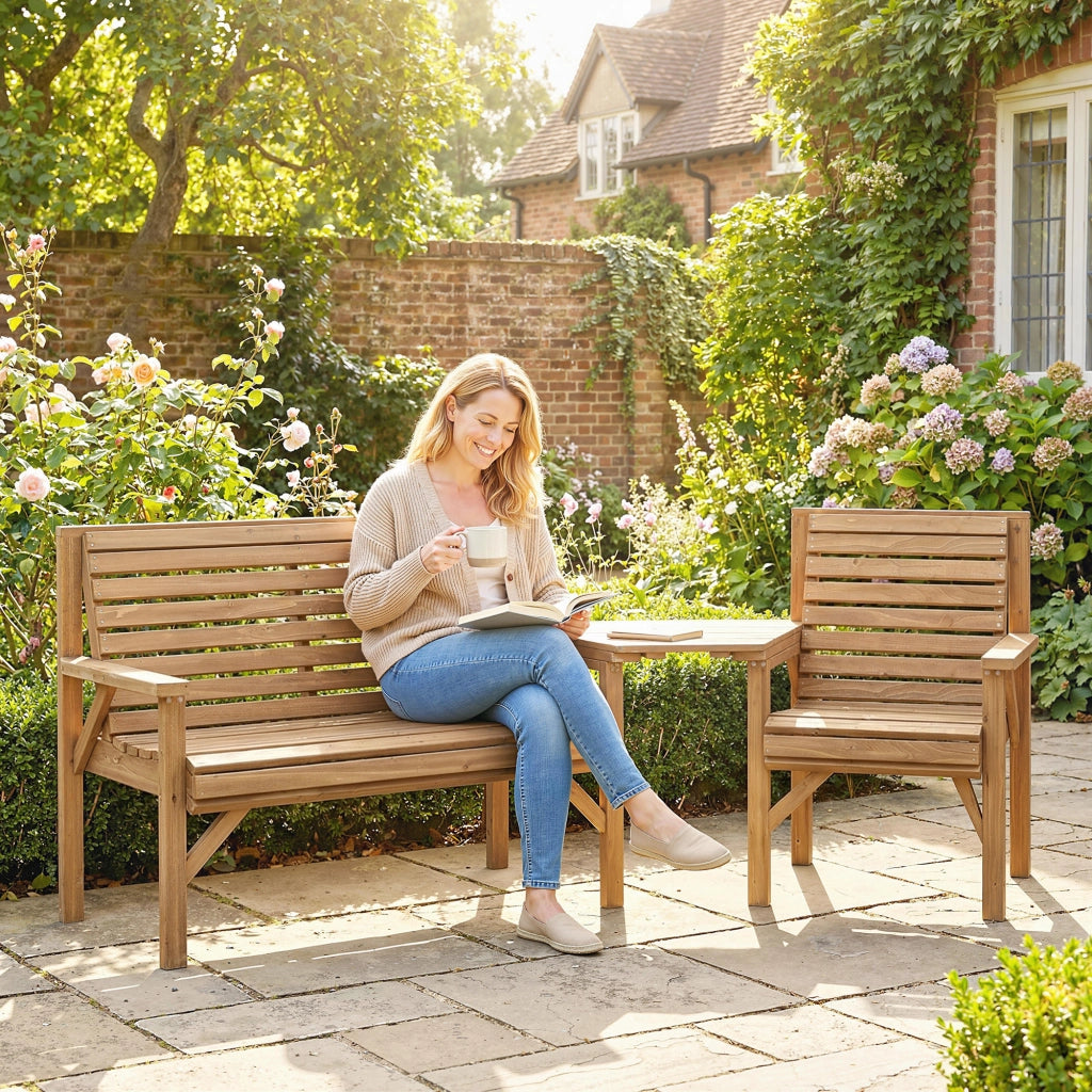 Set di sedie da giardino da 3 set di mobili da balcone con foro per parasole sedia da giardino panca tavolo rimovibile 121x65x90 cm in legno naturale
