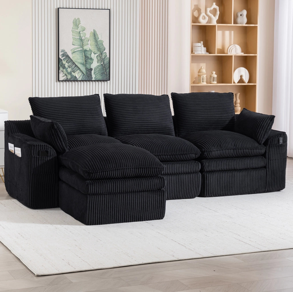 Divano modulare 263x167x85 cm in velluto a coste nero con tasche laterali e cuscini