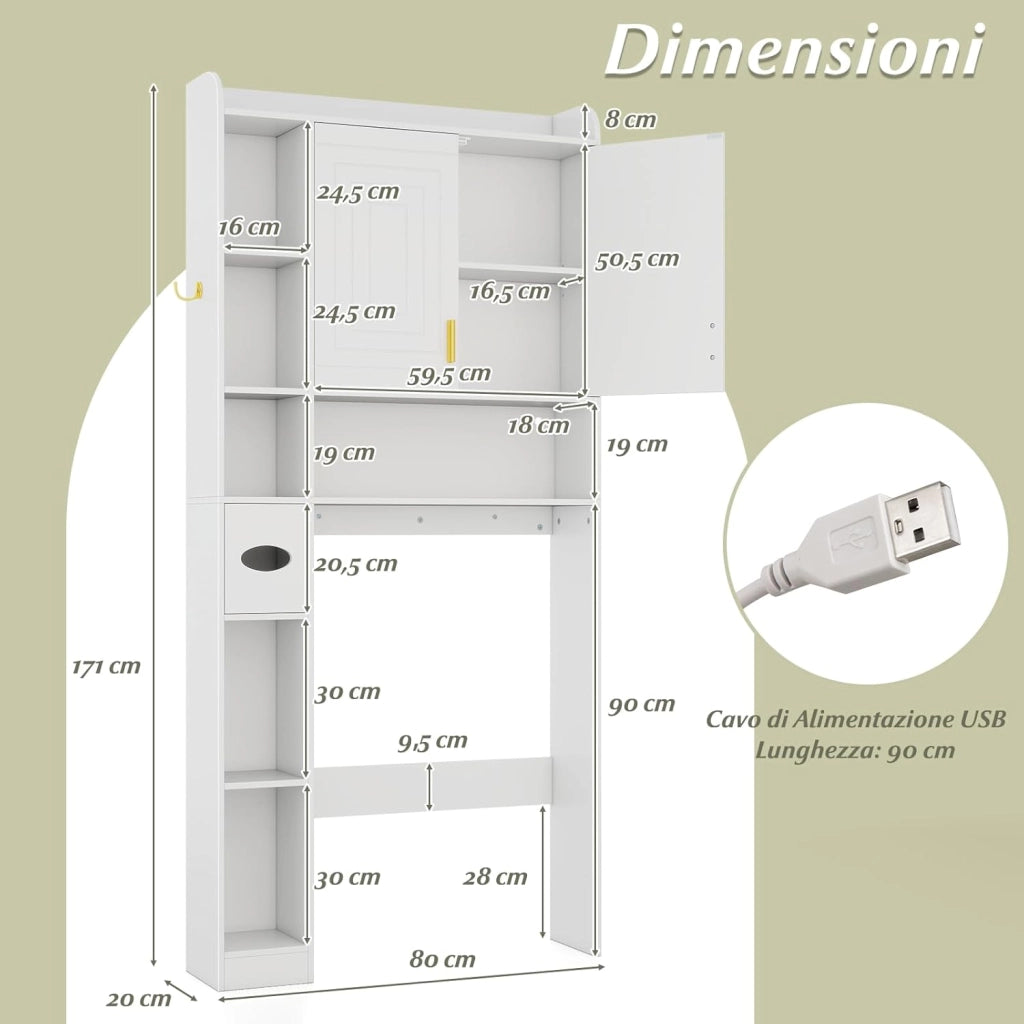 Mobile da Bagno Sopra WC, Scaffale Salvaspazio con Armadietto a 2 Ante, 6 Scomparti Aperti, Porta Fazzoletti, Gancio e Ripiano Regolabile, Mobiletto per Bagno e Lavanderia (Bianco)