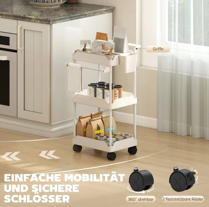 Carrello portatutto con 3 cestelli e portaasciugamani bianco