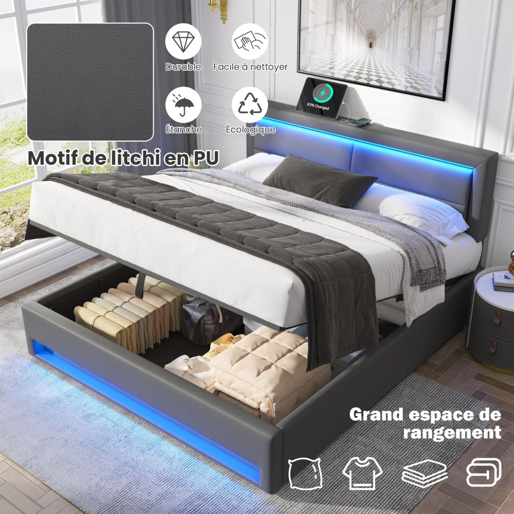 Letto Contenitore 140 x 190 cm; 1 Posto - USB; LED; con Rete a Doghe - in PU - Grigio
