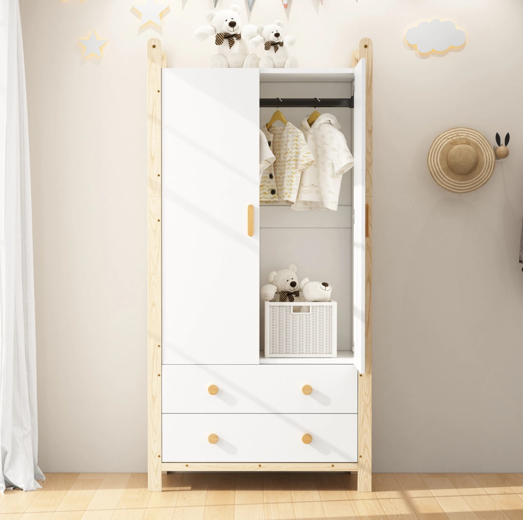Armadio 2 ante con appendiabiti e 2 cassetti; 89.6 × 44 × 180.5 cm; bianco e naturale