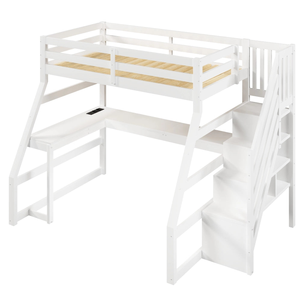 Letto a soppalco 90x200 cm con scrivania; LED e scala contenitore in MDF; pino e compensato bianco