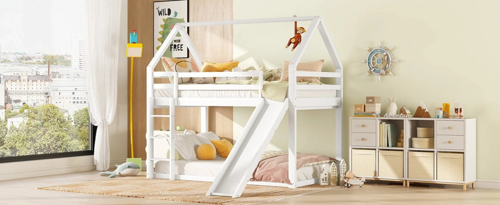 DESMIU Letto a castello bambino 90 × 200 cm con scivolo e scala, senza materasso, in legno, bianco