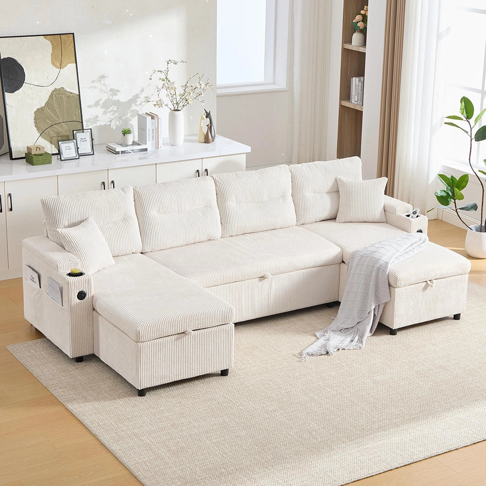 Canap¨¦ moderno in velluto per 4 persone - Xylo - Divano letto con chaise longue, vano portaoggetti e porte USB