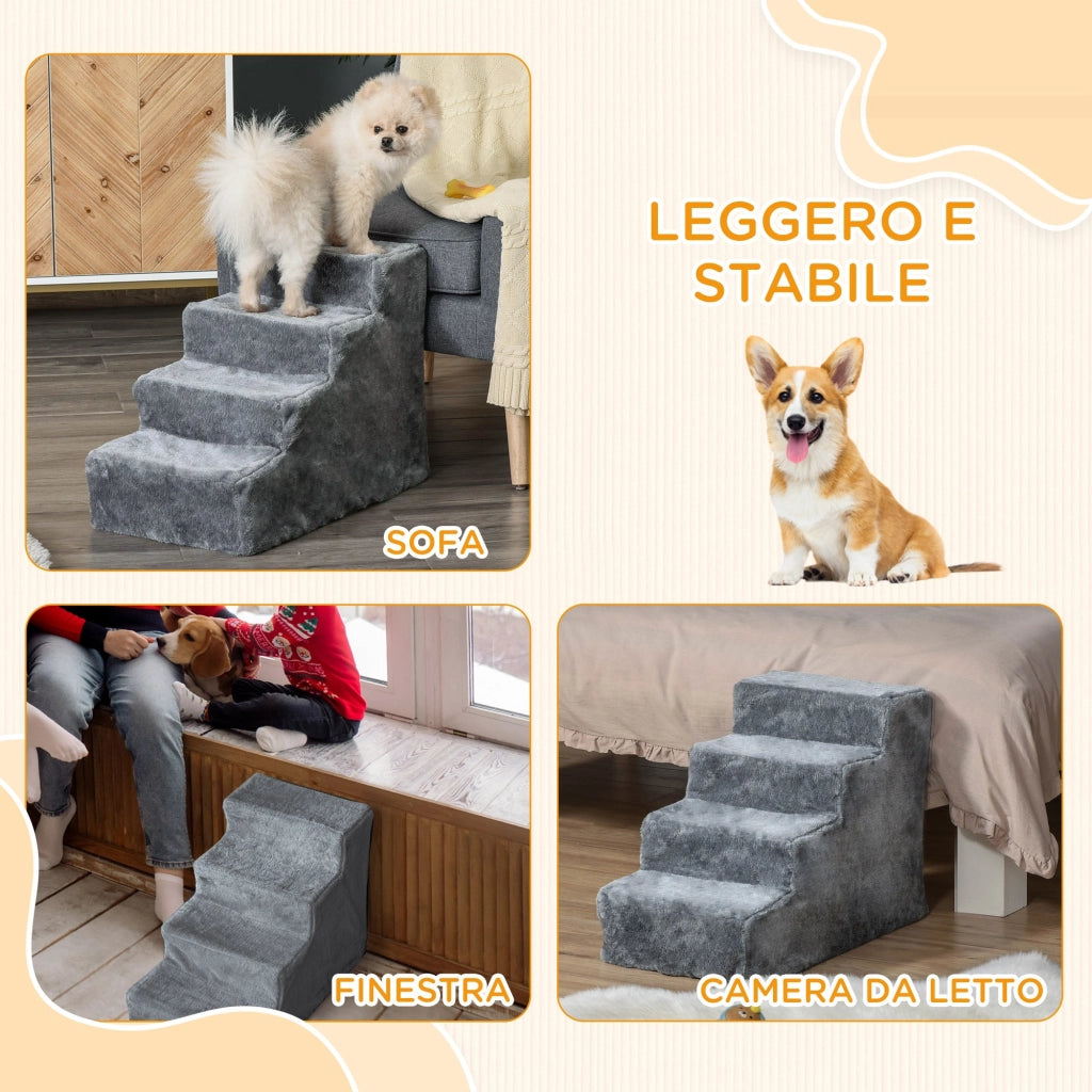 Scaletta per Cani 4 Gradini 60x35x44 cm in Flanella Sfoderabile e Truciolato Grigio chiaro