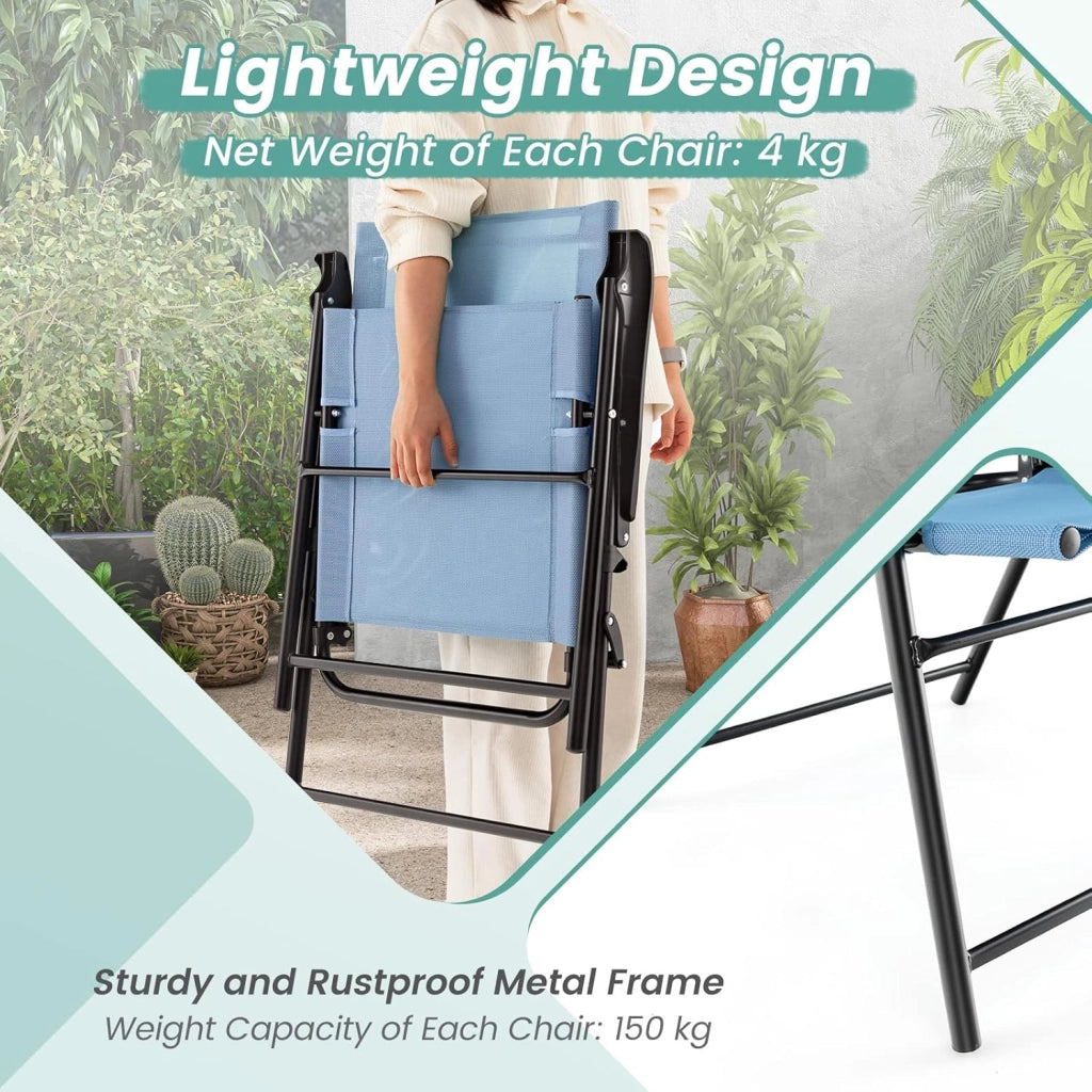 Set di 2 sedie da giardino pieghevoli, pieghevoli, con schienale alto e bracciolo, resistenti alle intemperie, in metallo e tessuto, portata fino a 150 kg (azzurro)