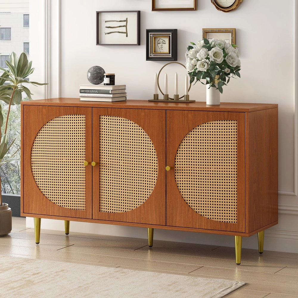 Credenza 3 Ante con Rattan e Maniglie in Metallo ¨C MINIMAL ¨C Noce 129.8x40x76