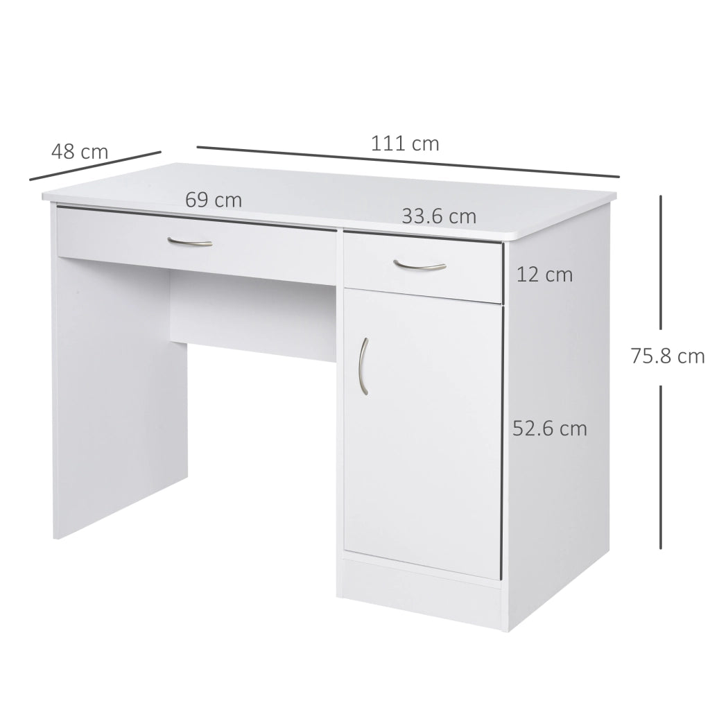 Scrivania Moderna per PC e Computer con 2 Cassetti e 1 Armadietto, Scrivania con Libreria Salvaspazio per Ufficio o Camera in Legno, Bianco