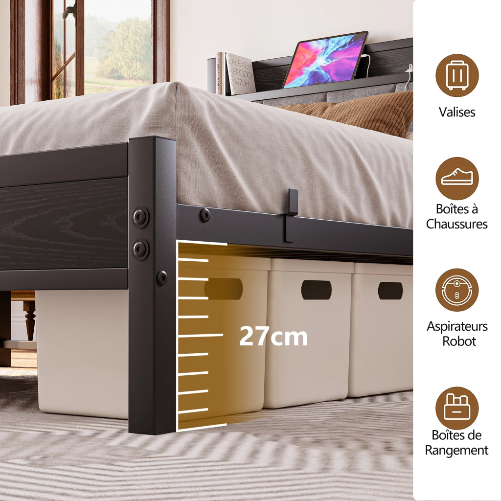 Letto matrimoniale 140x190 cm con LED; testiera con vano e ricarica USB; nero