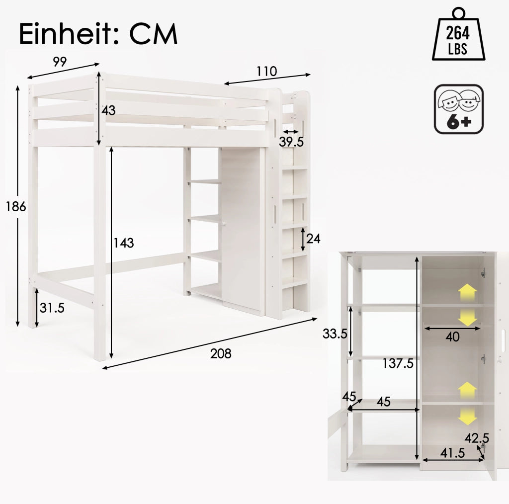 Letto a soppalco per bambini 90x200 cm con armadio e 4 ripiani; bianco