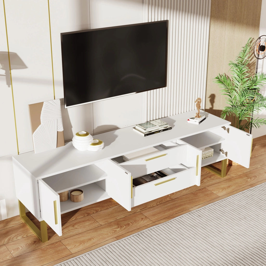 OKWISH Mobile TV con 4 Ante e 2 Cassetti, Fori Passacavi, Finitura Lucida, per Soggiorno, MDF, Bianco, 170 x 40 x 53.5 cm