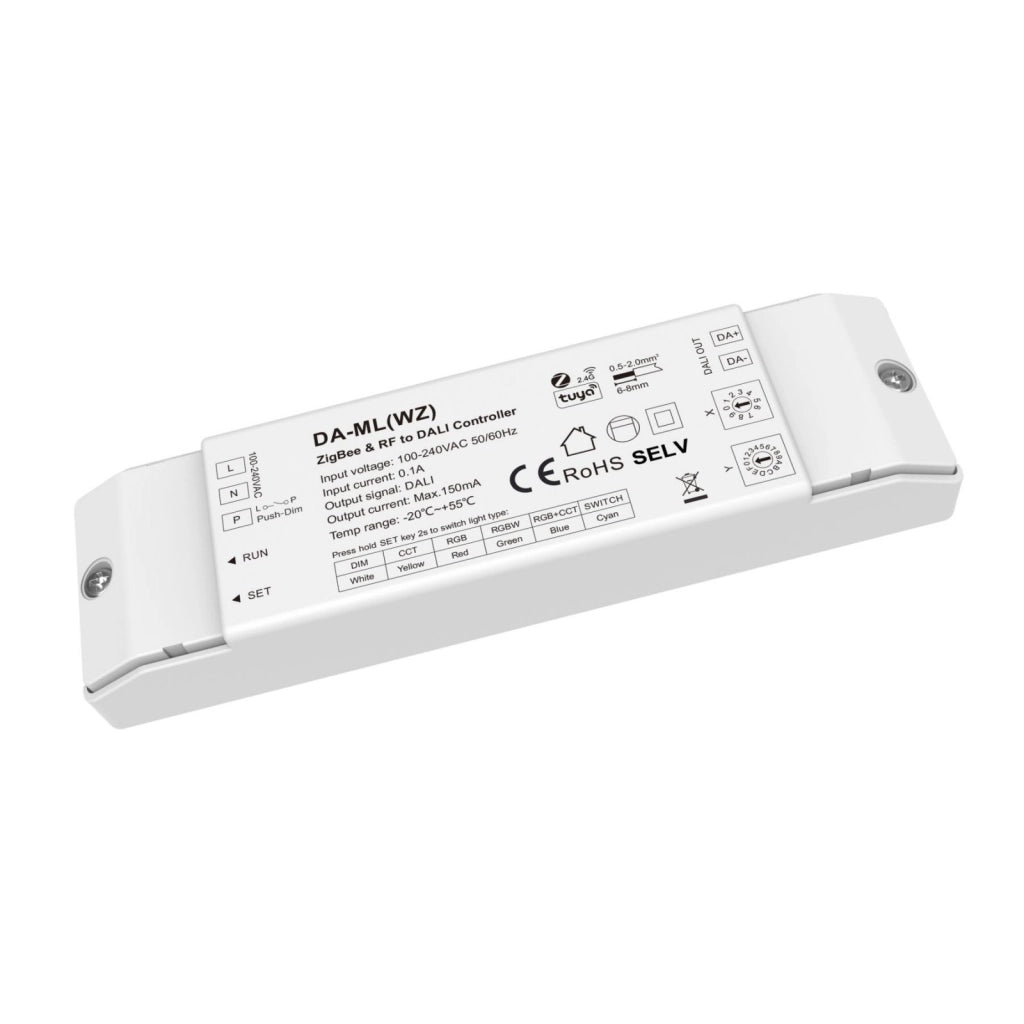 Dimmer DALI ZigBee + RF 2.4GHz, Controller per DIM CCT RGB RGBW RGB+CCT, App Tuya Smart Life, Push Dim, 1 Indirizzo, Uscita 16VDC Max 150mA, Input AC220V