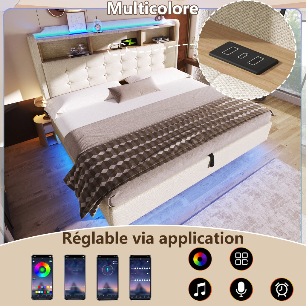 Letto matrimoniale contenitore 180x200 cm effetto sospeso con LED; testiera portaoggetti; USB e USB-C; lino beige