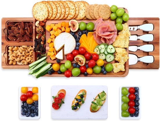 Set di piatti in legno di acacia, piatto quadrato con set di forchette, perfetto per la charcuterie per servire antipasti e frutta (bianco)
