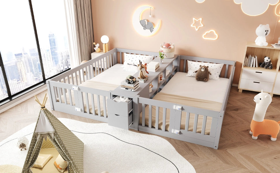 Letto combinato per bambini 90 × 200 cm con ripiano centrale e 2 cassetti, senza materasso, in legno, grigio