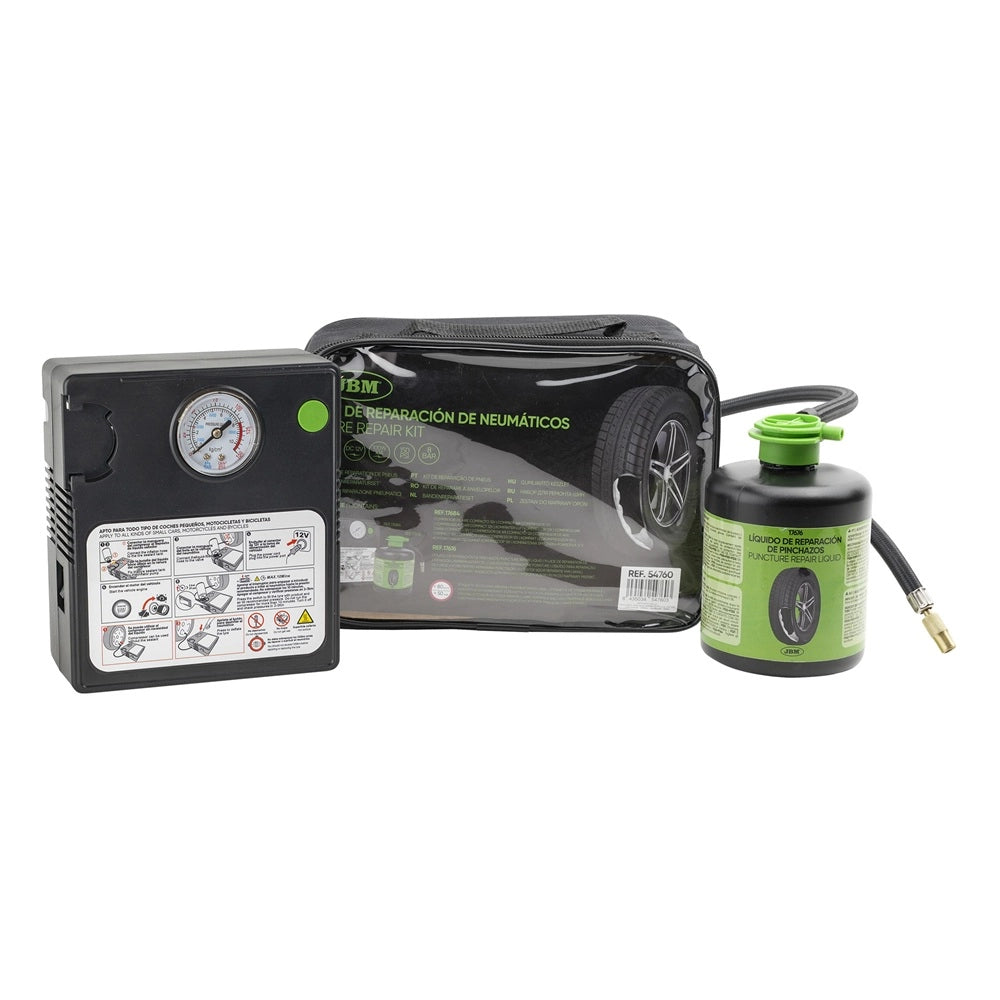 Kit riparazione pneumatici tubeless con compressore 12V e liquido sigillante, ripara forature fino a 6 mm e consente percorrenza fino a 100 km