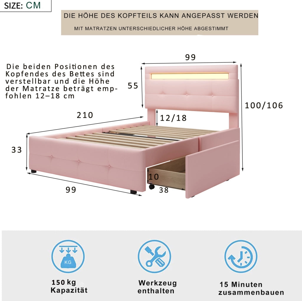 Letto singolo imbottito 90x200 cm con LED e 2 cassetti; rosa