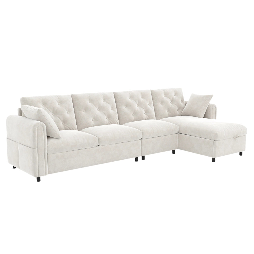 Divano angolare 281x132x86 cm con funzione letto e vano contenitore in velluto beige