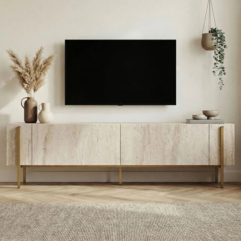Porta TV in legno "Nexus" - 180 x 30 x 45 cm - Travertino / Oro