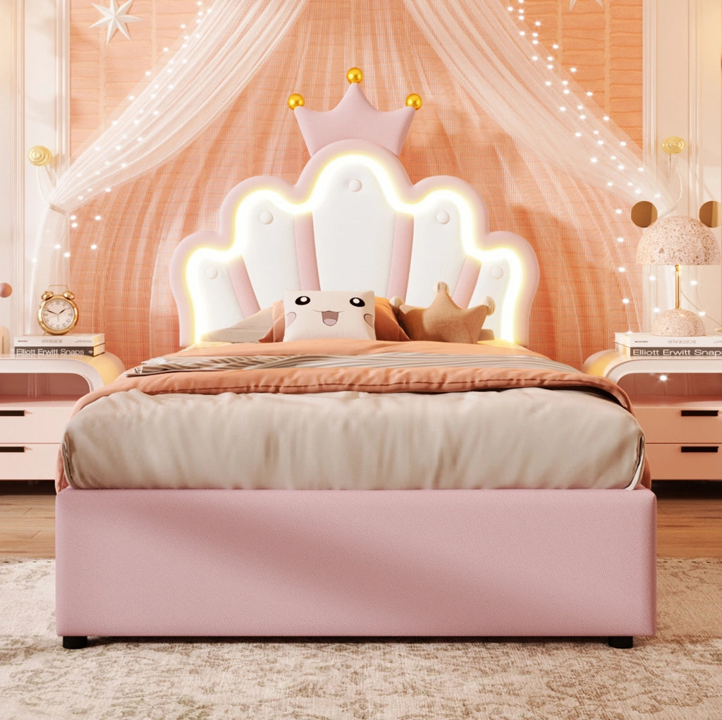 Letto imbottito 90x200 cm con contenitore; LED e testiera regolabile in PU rosa