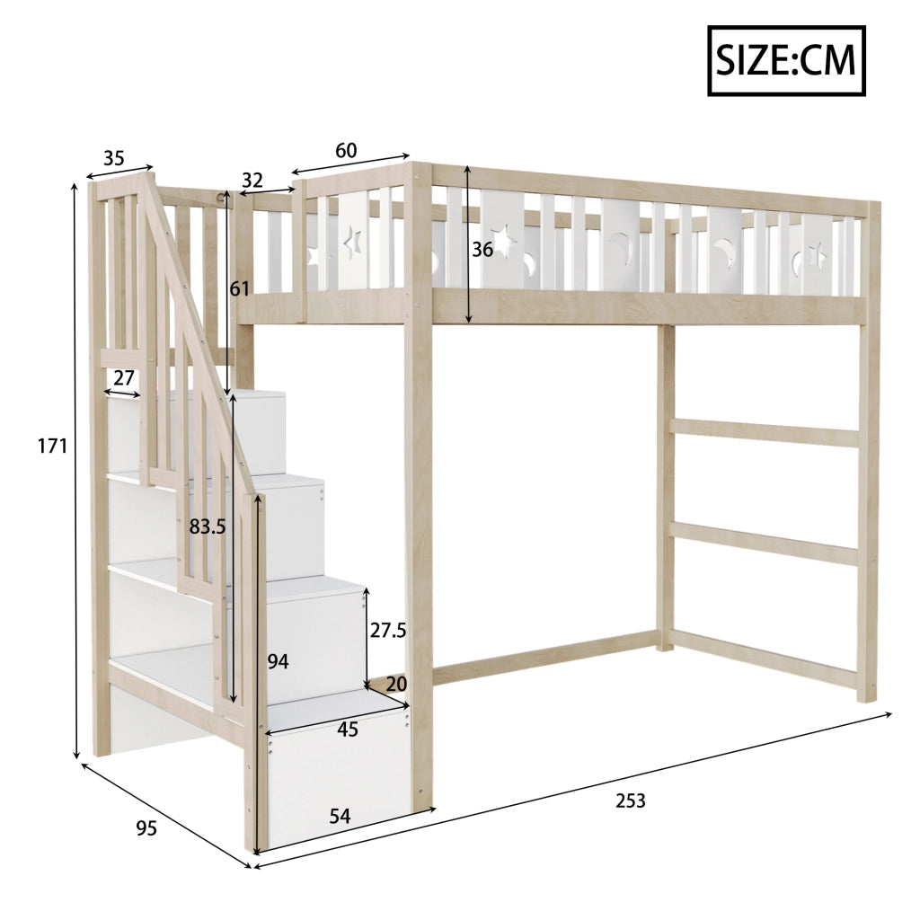 Letto a castello in legno massello bianco e naturale con scala spazio di stoccaggio 90x200cm