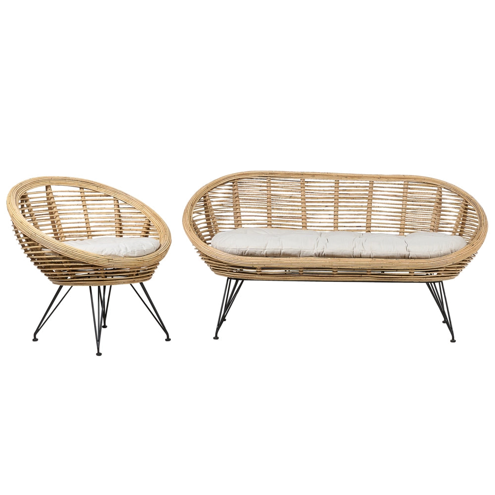 Set di divani a 3 posti in rattan naturale beige chiaro con cuscini in cotone di media resistenza per interni esterni stile bohémien giardino balcone