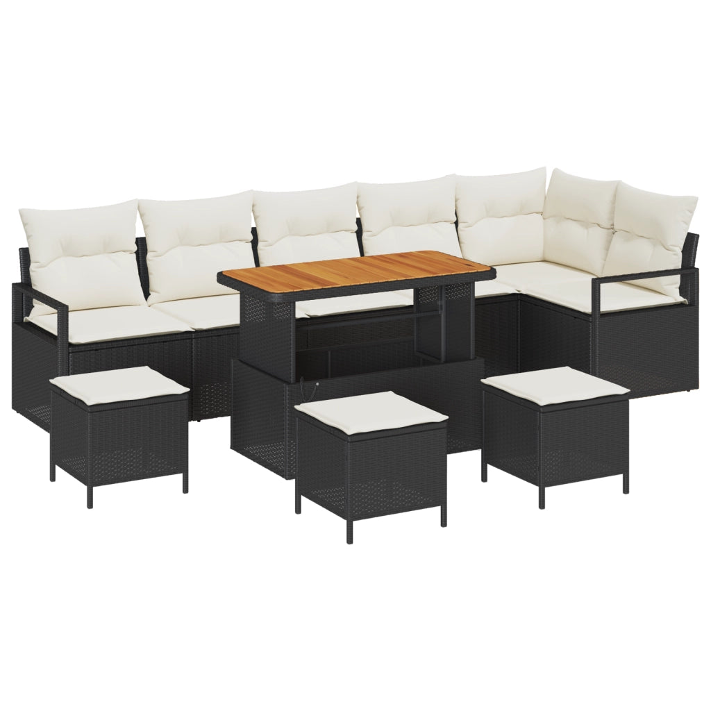 Set Divano Giardino da 10 Pezzi con Cuscini Nero Polyrattan Acacia