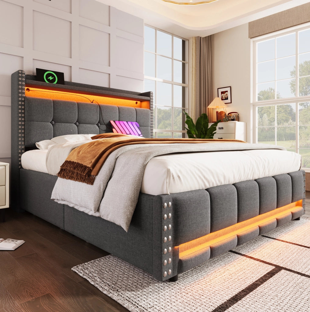Letto imbottito 160x200 cm grigio con LED, USB, ripiani e cassetto contenitore
