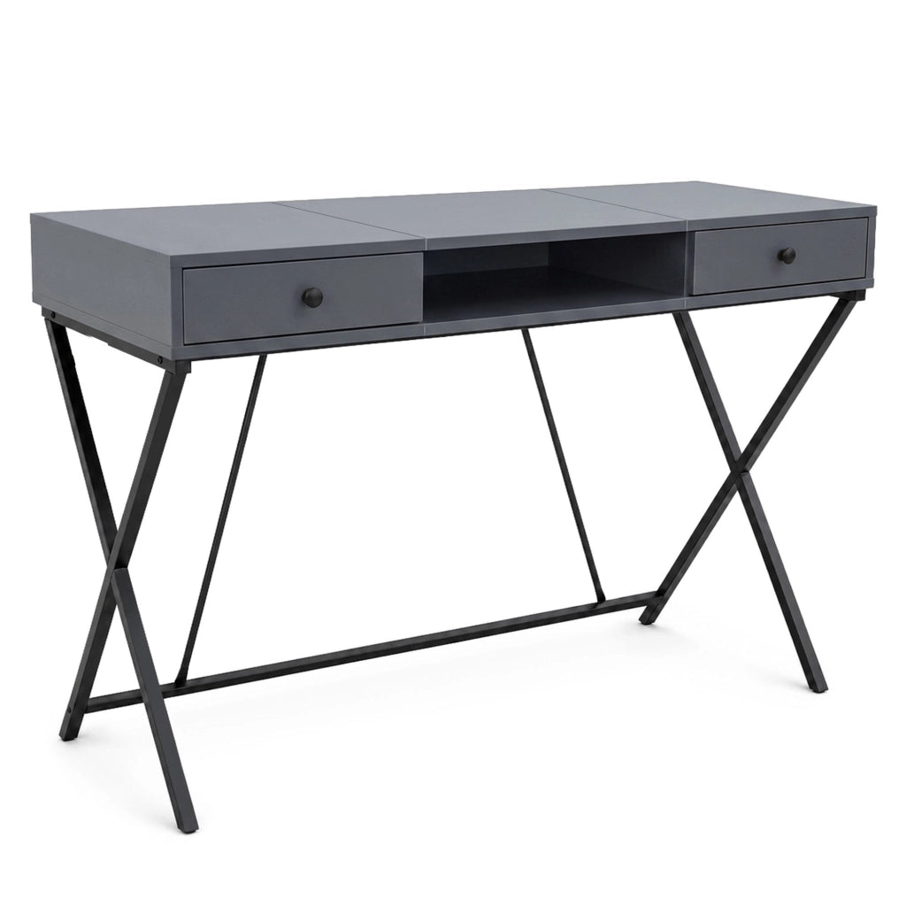 Scrivania PC industriale Grafite CROSSLINE 120 cm 2 cassetti 1 ripiano gambe nere