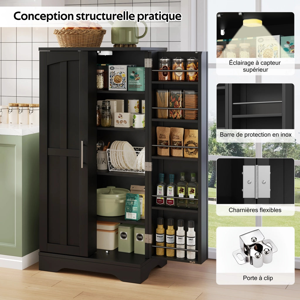 Mobile contenitore alto con 2 ante; ripiano regolabile e luce LED - per cucina - 120×60×40 cm - nero
