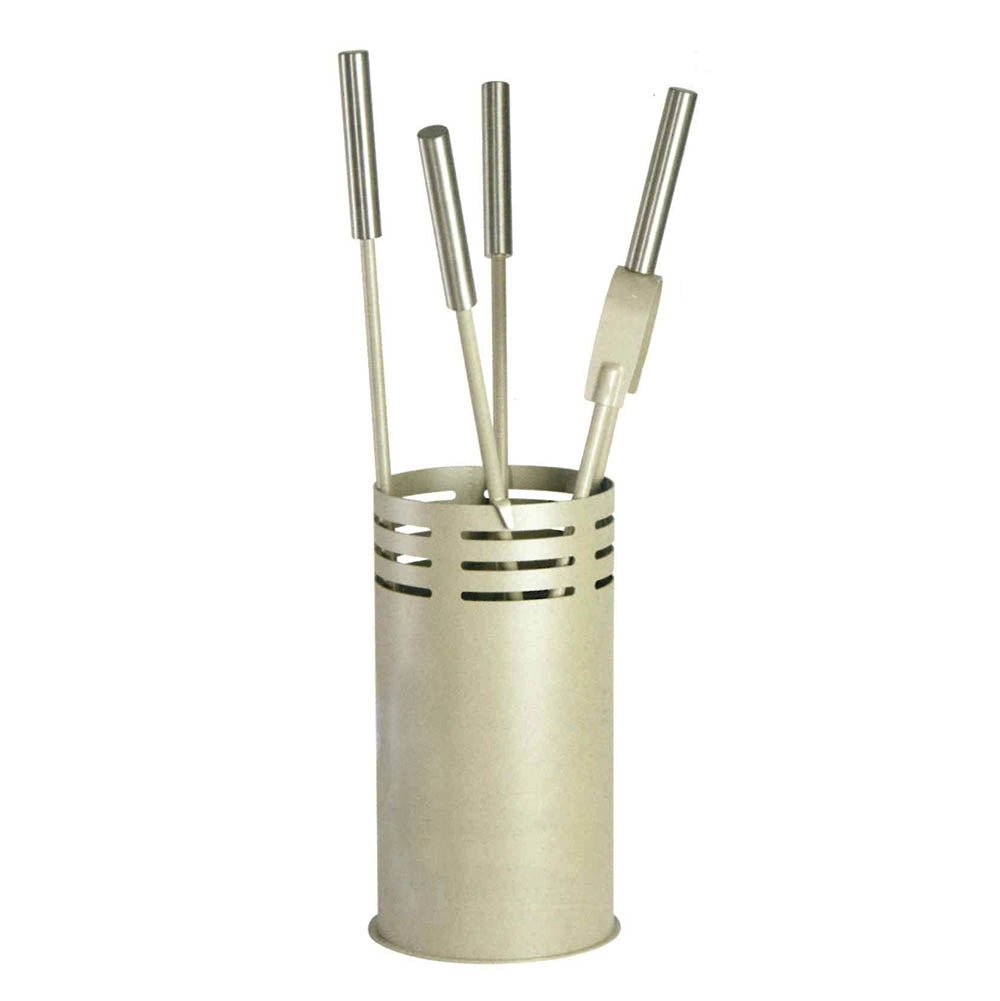 Porta attrezzi camino acciaio tortora sabbia 4 accessori h. 60 d. 16 cm. Made in Italy