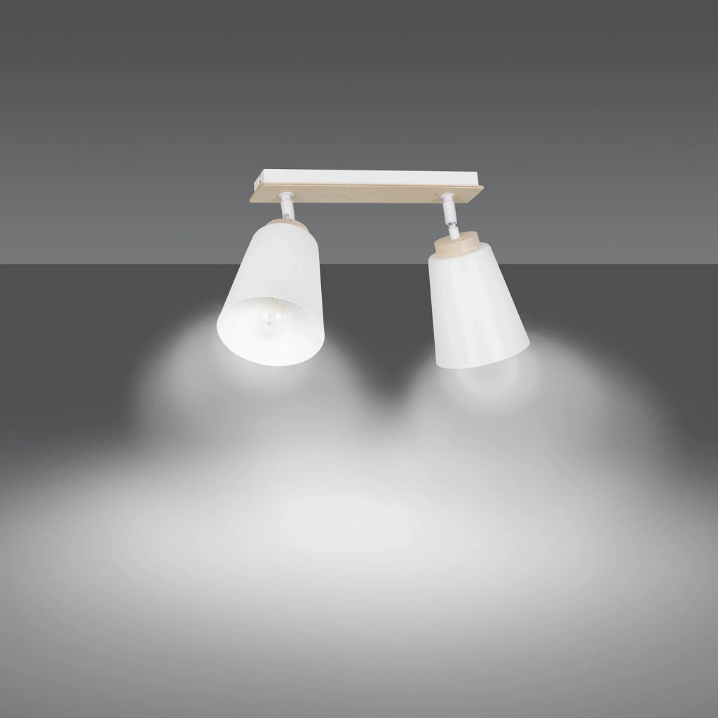 Plafoniera Spot Faretti Orientabili 2 Luci Xiwangmu Acciaio Bianco E Legno Naturale