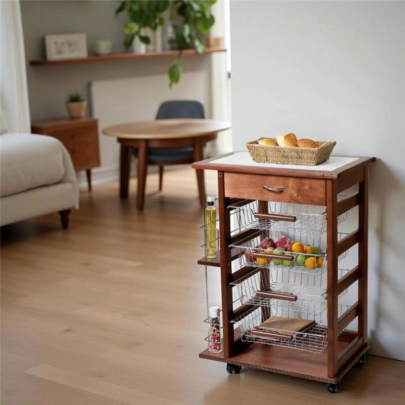 CARRELLO VESUVIO CON CASSETTO+PORTABOTTIGLIE NOCE IN FAGGIO BASE MULTISTRATO DI BETULLA 1 CASSETTO 4 CESTELLI PIANO MATTONELLE IN CERAMICA