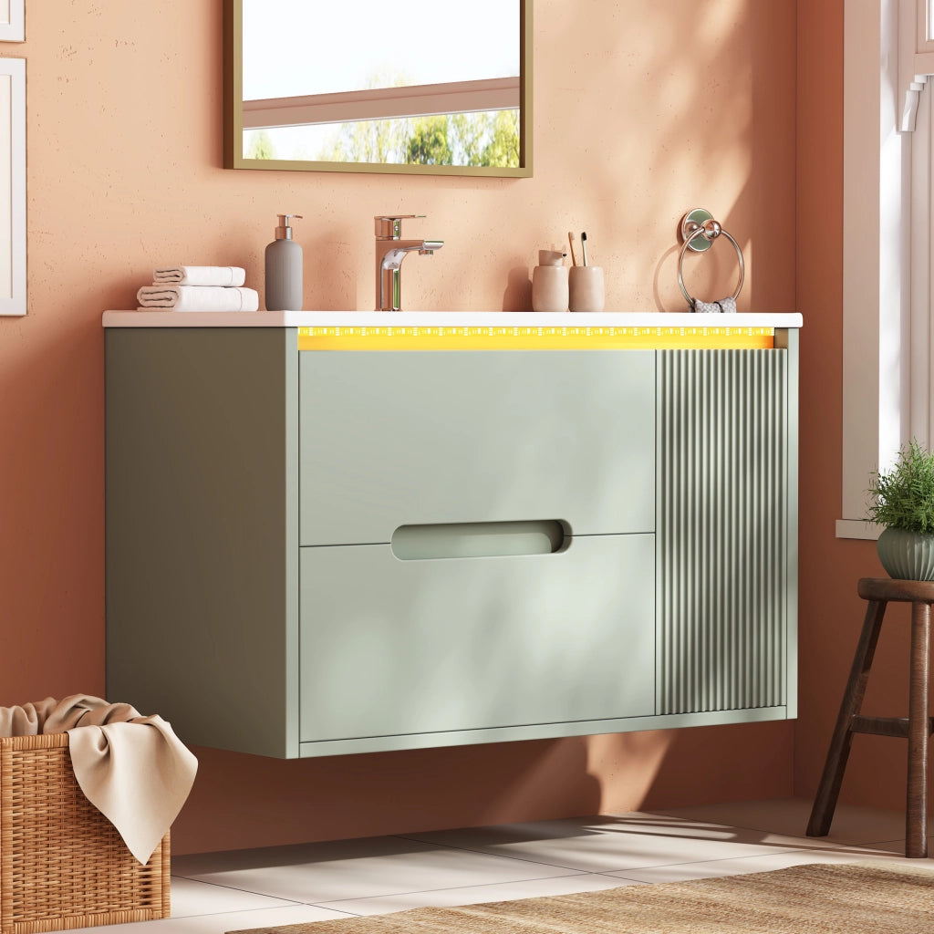 Mobile bagno sospeso 81 cm verde con lavabo in ceramica e luci LED