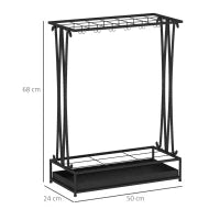 Portaombrelli con Vaschetta per l'Acqua, 21 Fori e 24 Ganci per Ombrello, in Acciaio, 50x24x68 cm, Nero
