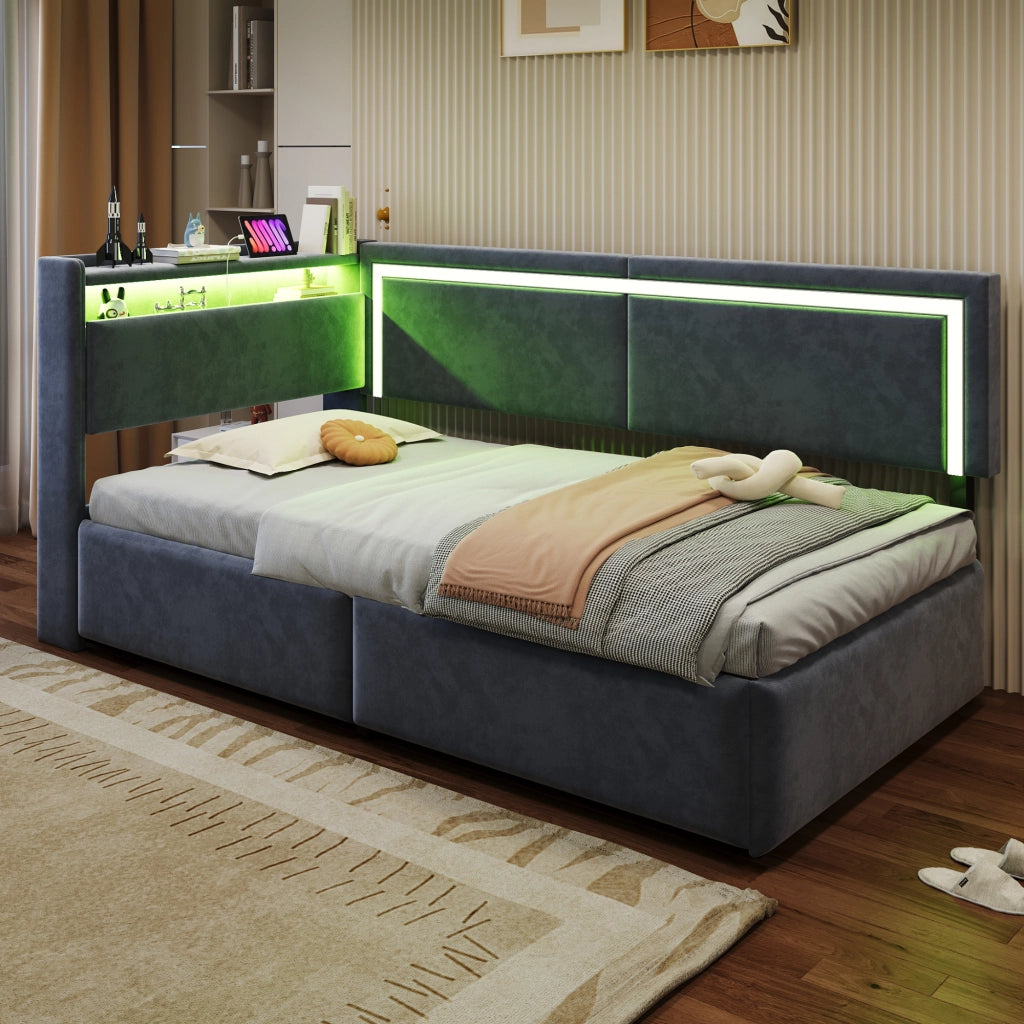 Letto contenitore singolo 90×200 cm con LED; USB e testiera con ripiani; senza materasso; velluto grigio