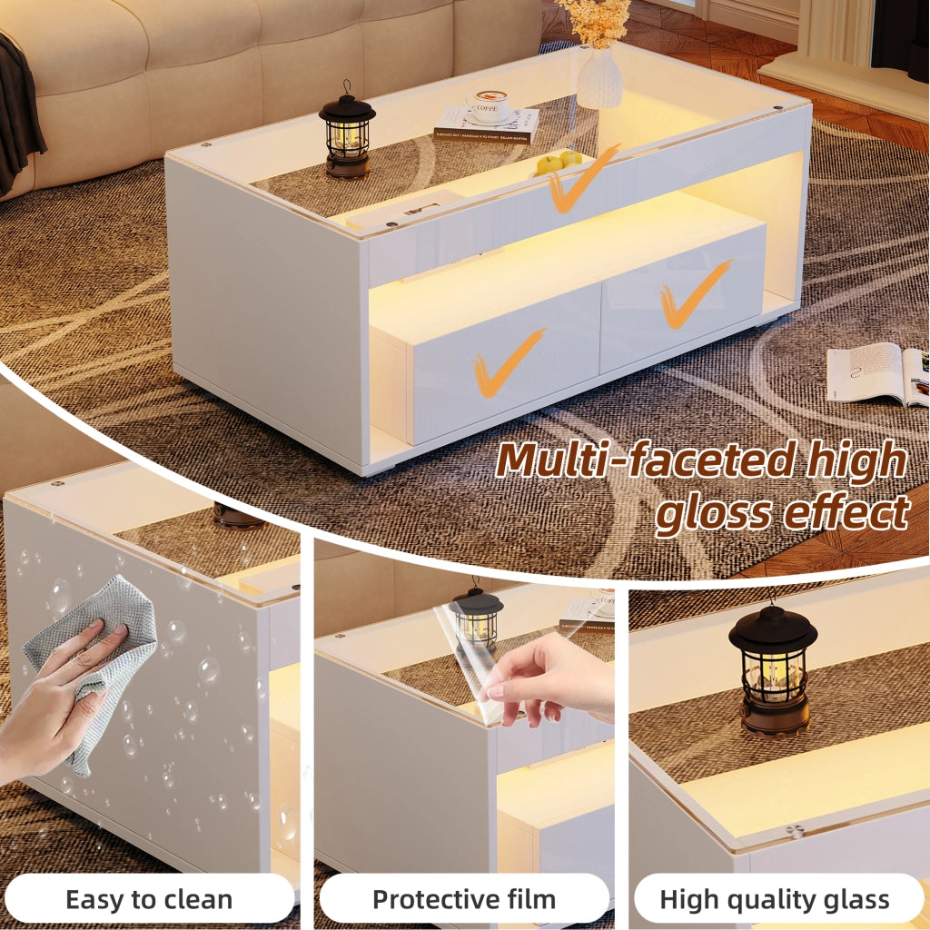 Tavolino basso con LED, 2 cassetti e 2 vani aperti, piano in vetro temperato, per soggiorno, bianco, 100 × 50 × 40 cm
